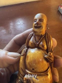Art D'Asie Statuette Ancienne Bouddha Rieur Sur Socle Bois