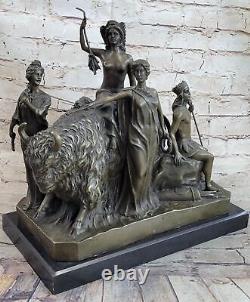 Art Déco Bronze Ancien Romain Semi-Nude Fille Avec King Statue Figurine Décor