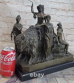 Art Déco Bronze Ancien Romain Semi-Nude Fille Avec King Statue Figurine Décor