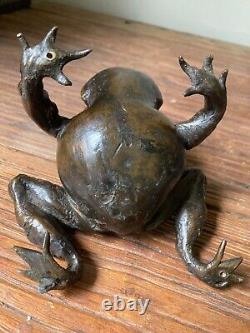 BRONZE ANCIEN JAPON XIX e CRAPAUD ET SON PETIT PATINE BRUNE GRENOUILLE