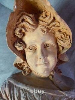 BUSTE en TERRE CUITE ancien. LA JEUNE FILLE. Signé M. Lebbé, 91