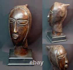 B Art Africain superbe sculpture ancienne bronze visage buste tête 4.7kg35cm