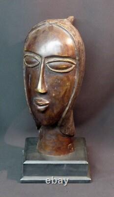 B Art Africain superbe sculpture ancienne bronze visage buste tête 4.7kg35cm