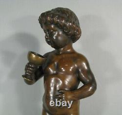 Bacchus Enfant Nu A La Coupe Sculpture Bronze Ancien Signé Georges Morin/preiss