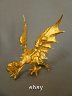 Beau dragon ancien en bronze doré. Statuette, statue, sculpture, XIX°
