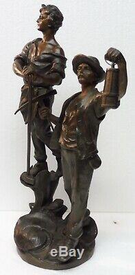 Belle et grande ancienne statue régule XIXè MINEURS mine 2 personnages PENDULE