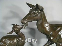 Biche Et Faon Sculpture Ancienne Statue Animalière Bronze Signé Irénée Rochard
