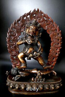 Bouddha Ancienne Sculpture Mahakala bronze polychrome Tibet Buddhism Buddha 28cm