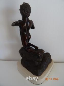 Bronze Ancien Enfant Au Poisson Signe Vincenzo Cinque (1852-1929)