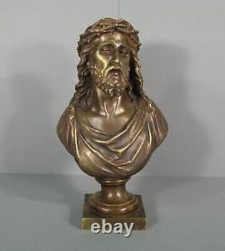 Buste Christ A La Couronne D'épines Sculpture Bronze Ancien Signé Bulio