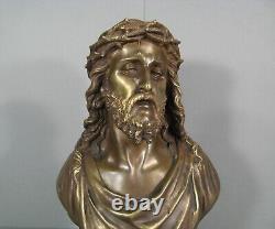 Buste Christ A La Couronne D'épines Sculpture Bronze Ancien Signé Bulio