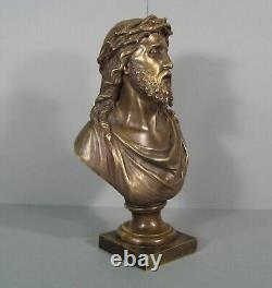 Buste Christ A La Couronne D'épines Sculpture Bronze Ancien Signé Bulio