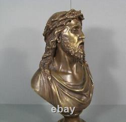 Buste Christ A La Couronne D'épines Sculpture Bronze Ancien Signé Bulio