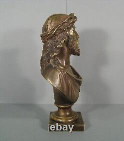 Buste Christ A La Couronne D'épines Sculpture Bronze Ancien Signé Bulio