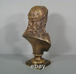 Buste Christ A La Couronne D'épines Sculpture Bronze Ancien Signé Bulio
