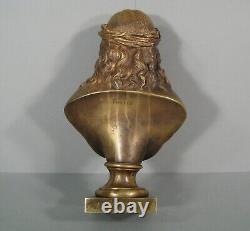 Buste Christ A La Couronne D'épines Sculpture Bronze Ancien Signé Bulio