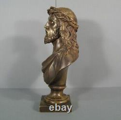 Buste Christ A La Couronne D'épines Sculpture Bronze Ancien Signé Bulio