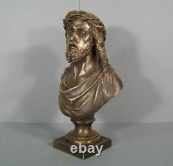 Buste Christ A La Couronne D'épines Sculpture Bronze Ancien Signé Bulio