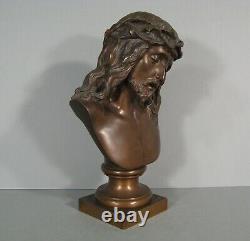 Buste Christ A La Couronne D'épines Sculpture Bronze Ancien Signé Léon Pilet