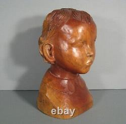 Buste D'enfant Jeune Garçon / Fille Ancienne Sculpture Statue En Bois Patiné
