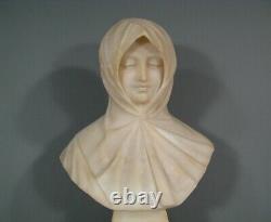 Buste Jeune Femme Au Voile Sculpture Ancienne Portrait Statue Albtre Signé Pugi