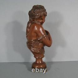 Buste Jeune Femme Surprise Sein Nu Sculpture Bronze Ancien D'après Houdon