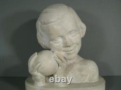 Buste Jeune Fille A La Balle Sculpture Ancienne Pltre Signé Salque