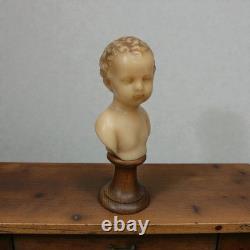 Buste ancien d'enfant chérubin en cire Socle en bois XIXe
