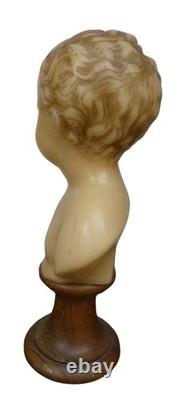 Buste ancien d'enfant chérubin en cire Socle en bois XIXe