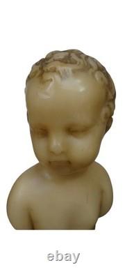 Buste ancien d'enfant chérubin en cire Socle en bois XIXe