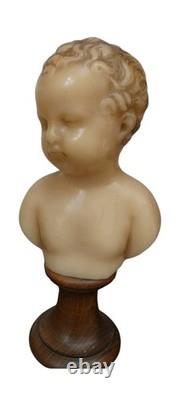 Buste ancien d'enfant chérubin en cire Socle en bois XIXe