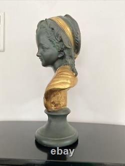 Buste ancien en plâtre peint jeune fille, femme Avec Coiffe Doré antique bust
