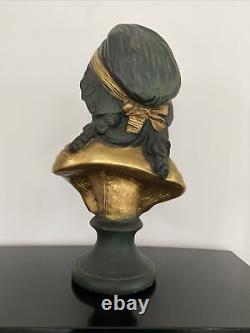 Buste ancien en plâtre peint jeune fille, femme Avec Coiffe Doré antique bust