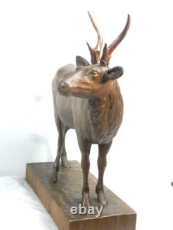 CERF BOIS SCULPTE FORET NOIRE ANCIENNE GRANDE SCULPTURE ANIMALIÈRE signé