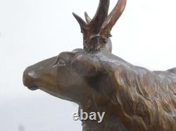 CERF BOIS SCULPTE FORET NOIRE ANCIENNE GRANDE SCULPTURE ANIMALIÈRE signé