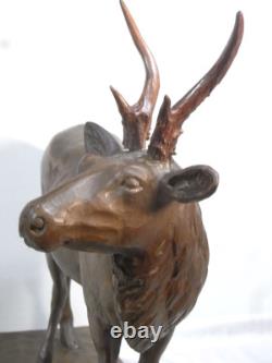 CERF BOIS SCULPTE FORET NOIRE ANCIENNE GRANDE SCULPTURE ANIMALIÈRE signé