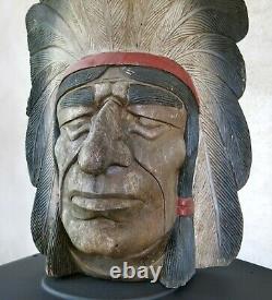 CHEF INDIEN, grande tête chef indien en bois, sculpture, enseigne ancienne, totem
