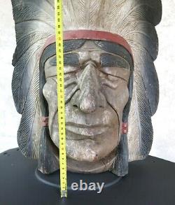 CHEF INDIEN, grande tête chef indien en bois, sculpture, enseigne ancienne, totem