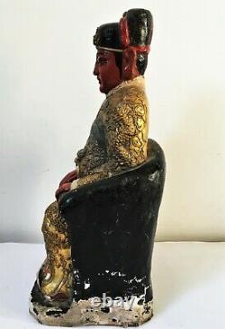 CHINE STATUE ANCIENNE DIGNITAIRE EMPEREUR PLTRE BOIS QING 31 cm