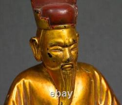 CHINE ou ASIE statue en bois doré Sculpture Homme sage moine ancien