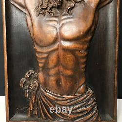CHRIST signé G GEORGET bois sculpté ART DECO vintage ancien crucifix mid century