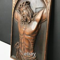 CHRIST signé G GEORGET bois sculpté ART DECO vintage ancien crucifix mid century