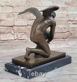 Chair Mâle Guardian Ange Winged Sculpture Statue Ancien 100% Véritable en Bronze