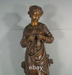 Charles Anfrie Jeune Femme Au Tricot Grande Sculpture Bronze Ancien Signé Anfrie
