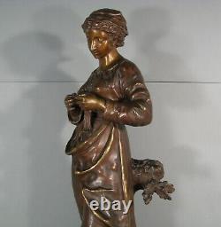 Charles Anfrie Jeune Femme Au Tricot Grande Sculpture Bronze Ancien Signé Anfrie