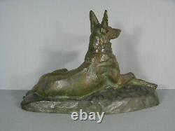 Chien Loup Couché Ancienne Sculpture Animalière Bronze Signé Maximilien Fiot