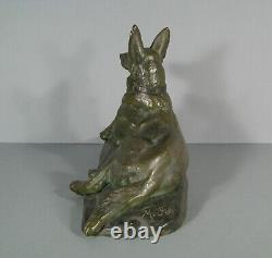 Chien Loup Couché Ancienne Sculpture Animalière Bronze Signé Maximilien Fiot