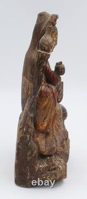 Chine statue en bois ancienne guanyin et enfant 18 / 19 eme