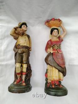 Couple de Napolitains En Plâtre Polychrome, Santons Très Anciens