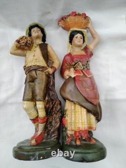 Couple de Napolitains En Plâtre Polychrome, Santons Très Anciens